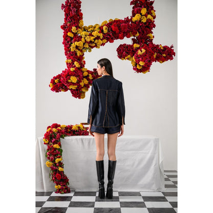 The Dramebaaz Company Navy Blue Heirloom Petals Embellished Shirt
