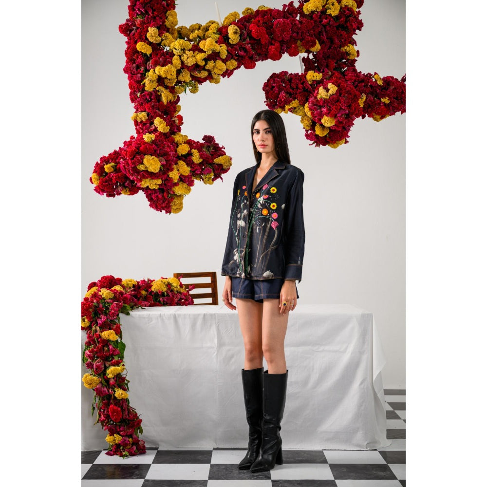 The Dramebaaz Company Navy Blue Heirloom Petals Embellished Shirt