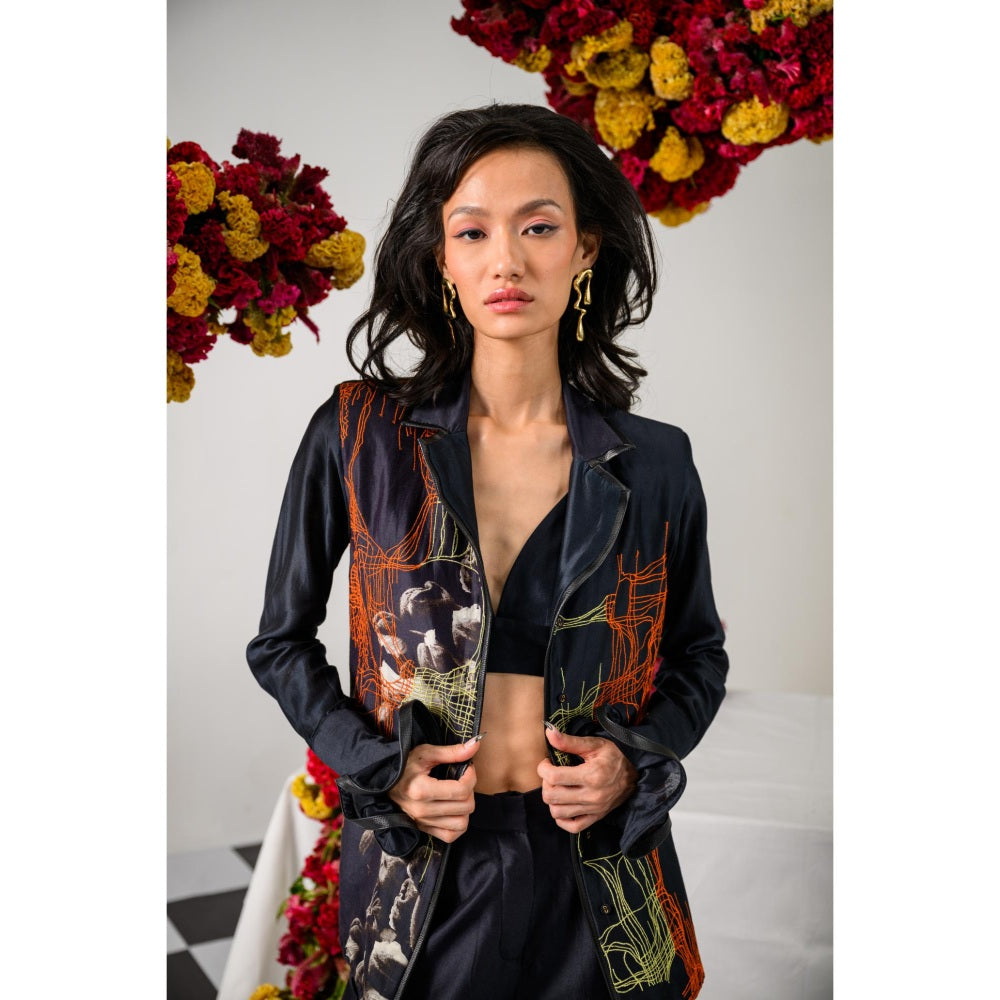 The Dramebaaz Company Black Interwine Printed Blazer and Pant (Set of 2)