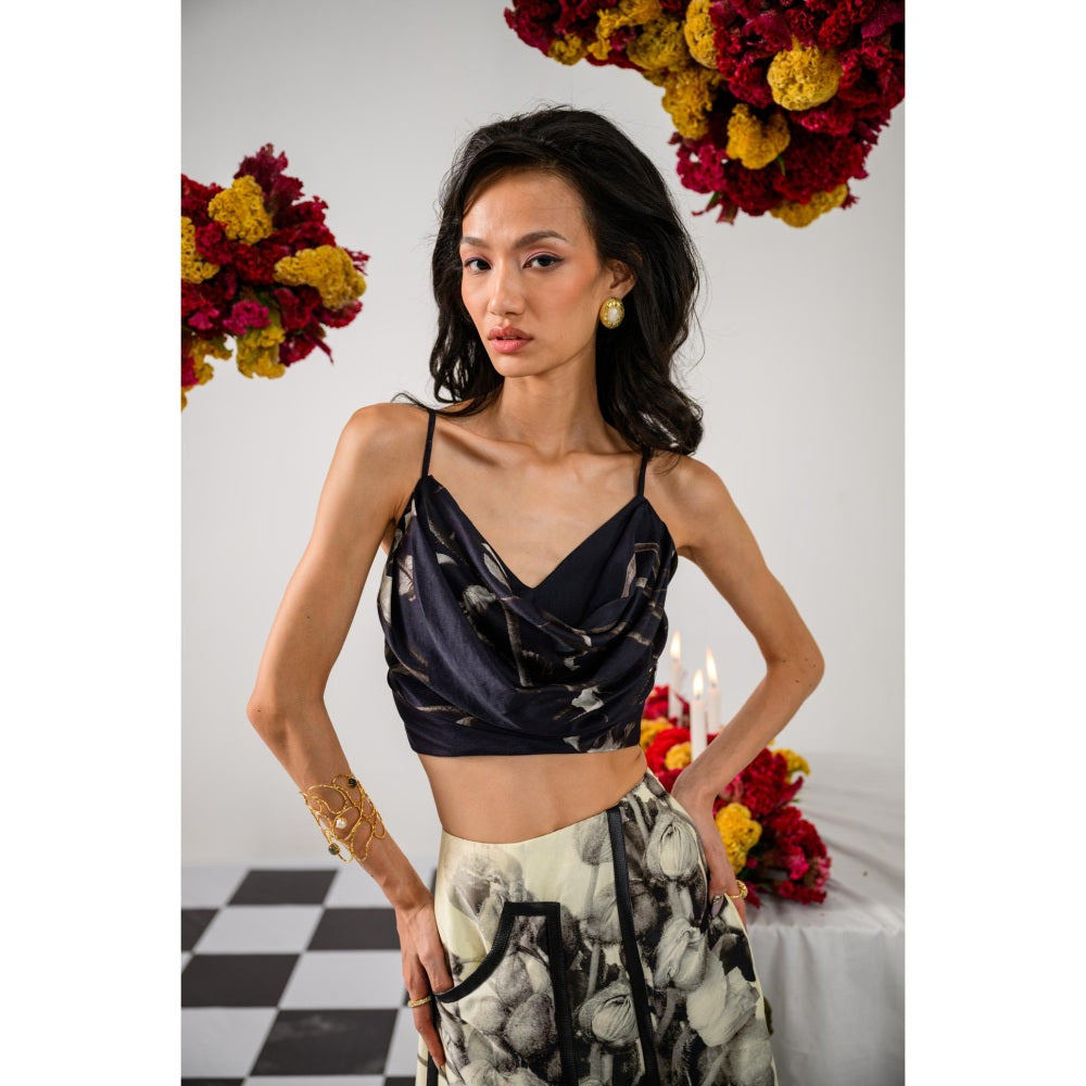 The Dramebaaz Company Noir & Black Cowl Printed Crop Top