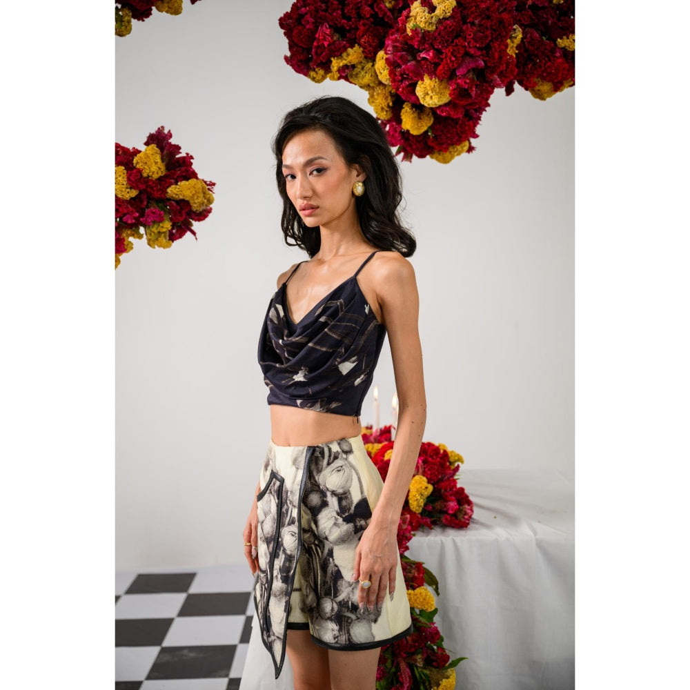 The Dramebaaz Company Noir & Ivory Printed Bustier and Skort (Set of 2)