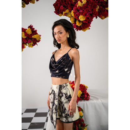 The Dramebaaz Company Noir & Ivory Printed Bustier and Skort (Set of 2)