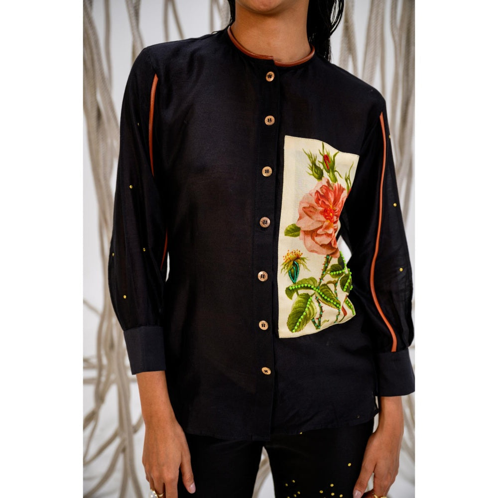 The Dramebaaz Company Black Petal Poetry Embellished Shirt