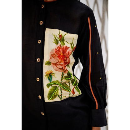 The Dramebaaz Company Black Petal Poetry Embellished Shirt