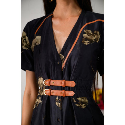 The Dramebaaz Company Black Elina Flare Printed Dress