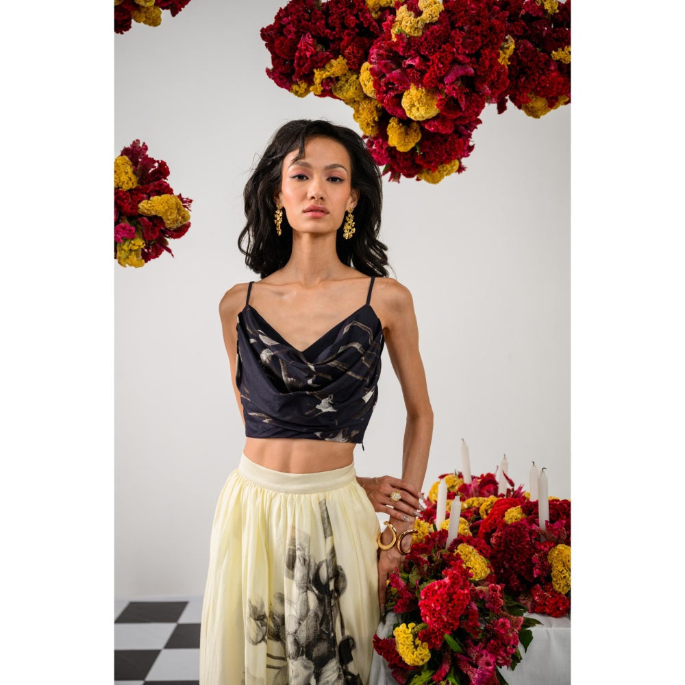 The Dramebaaz Company Noir & Ivory Printed Bustier and Skirt (Set of 2)