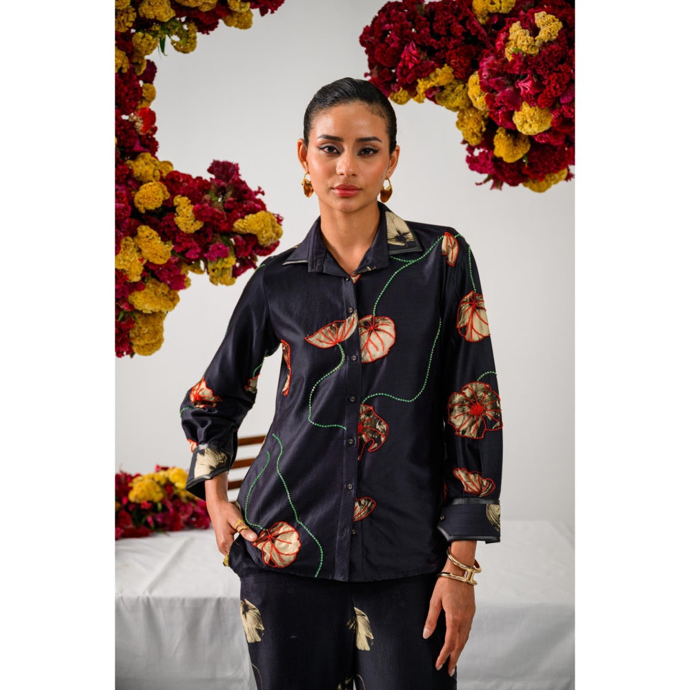 The Dramebaaz Company Black Fleur Embellished Shirt