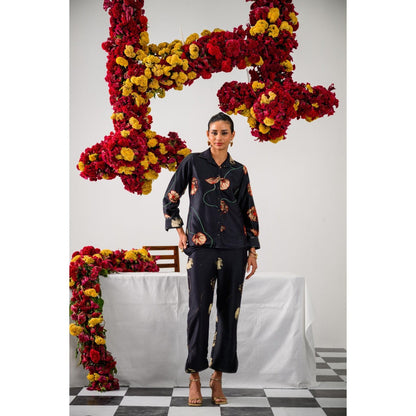 The Dramebaaz Company Black Fleur Printed Shirt and Pant (Set of 2)