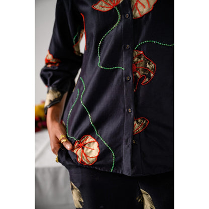 The Dramebaaz Company Black Fleur Printed Shirt and Pant (Set of 2)