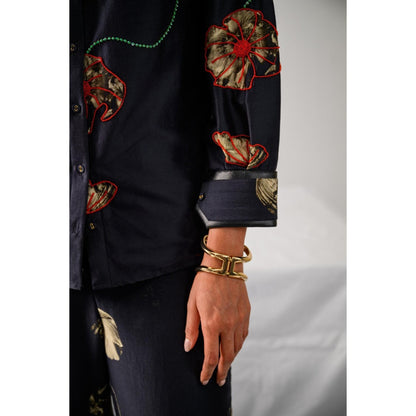 The Dramebaaz Company Black Fleur Printed Shirt and Pant (Set of 2)