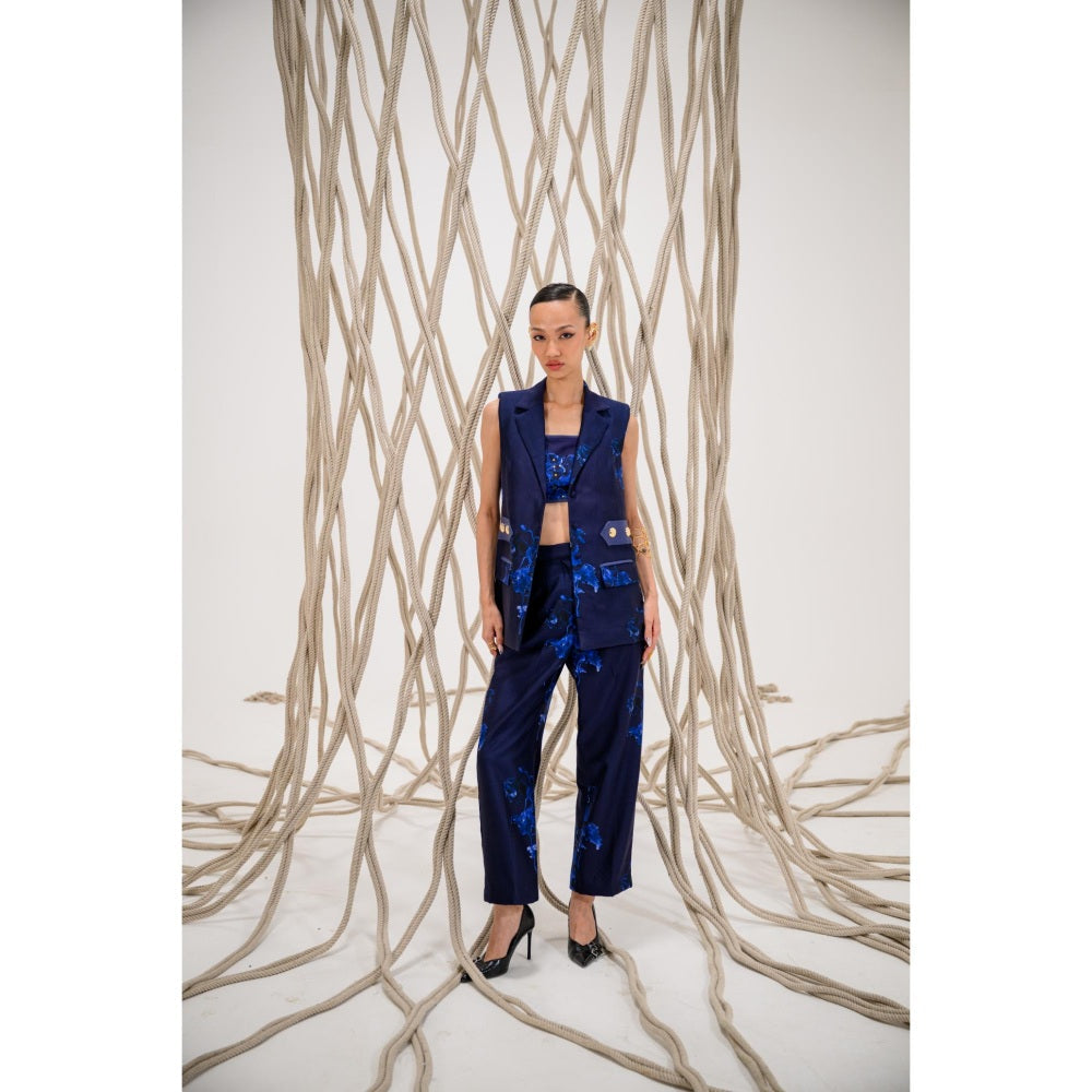 The Dramebaaz Company Navy Blue Embroidered Blazer and Pant (Set of 2)