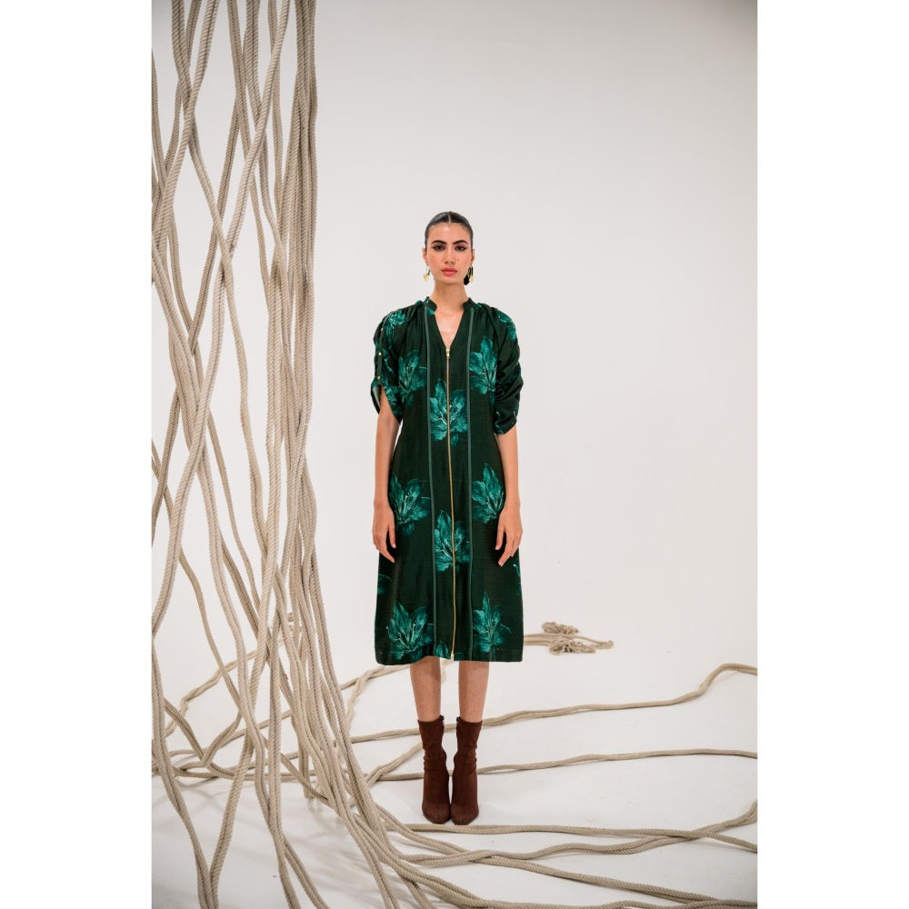 The Dramebaaz Company Green Frost leaf Zipper Closure Midi Dress