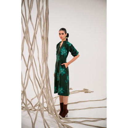 The Dramebaaz Company Green Frost leaf Zipper Closure Midi Dress