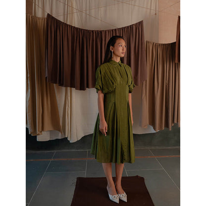 The Burnt Toast Olive Pleated Shirt Dress