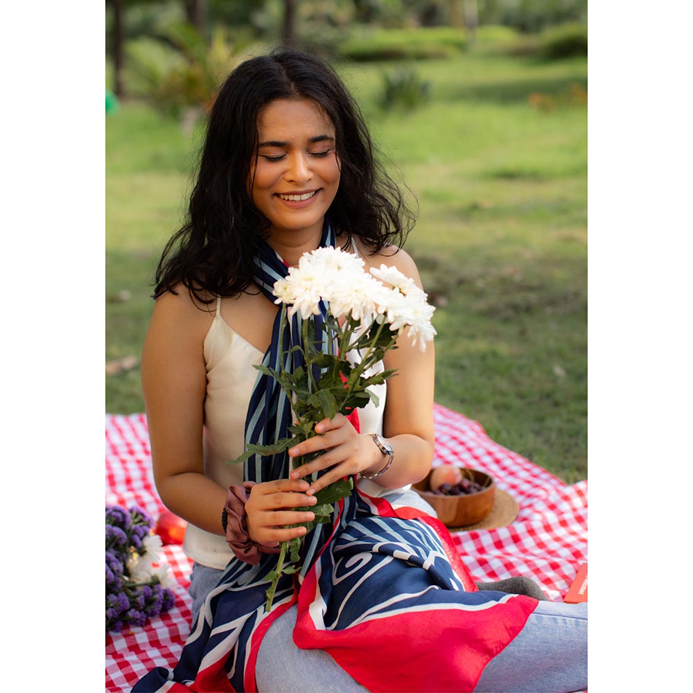 Thee Modern Roots Women Sleek Lines Silk Stole Navy Blue