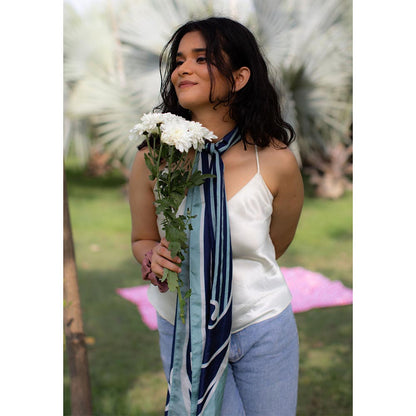 Thee Modern Roots Women Rhythmic Stripes Silk Stole Blue