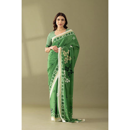 Thee Modern Roots Basil Green Printed and Embroidered Crepe Designer Saree with Unstitched Blouse