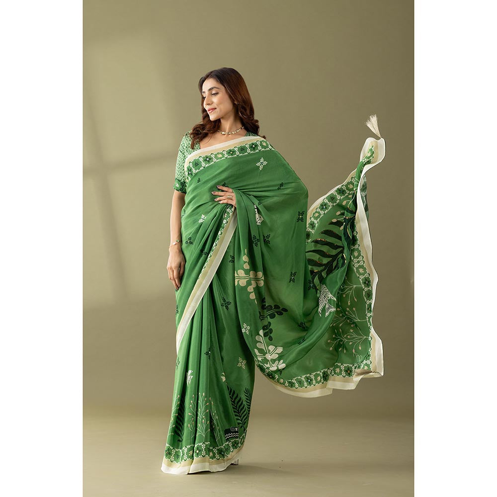 Thee Modern Roots Basil Green Printed and Embroidered Crepe Designer Saree with Unstitched Blouse