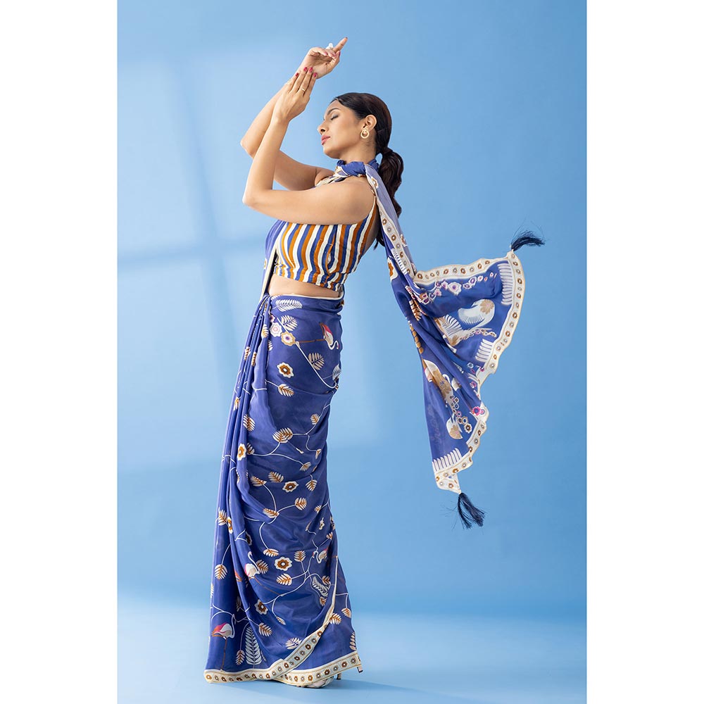 Thee Modern Roots Berry Blue Classic Charm Printed Crepe Saree with Unstitched Blouse