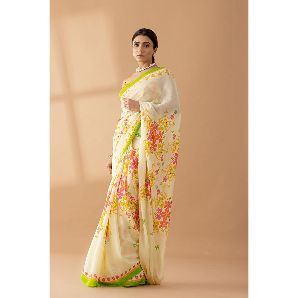 Thee Modern Roots Cream Floral Printed and Embroidered Crepe Designer Saree with Unstitched Blouse