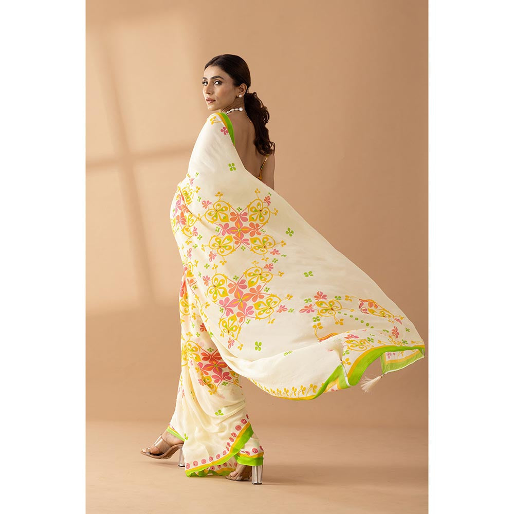 Thee Modern Roots Cream Floral Printed and Embroidered Crepe Designer Saree with Unstitched Blouse
