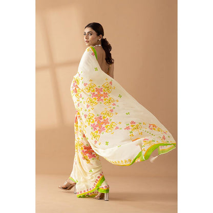 Thee Modern Roots Cream Floral Printed and Embroidered Crepe Designer Saree with Unstitched Blouse