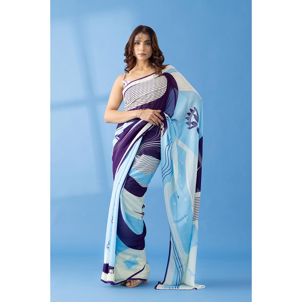 Thee Modern Roots Deep Purple Abstract Printed Georgette Saree with Unstitched Blouse