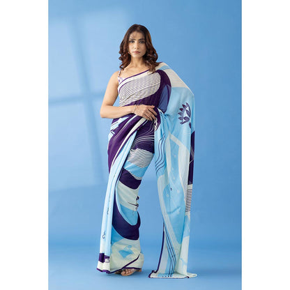 Thee Modern Roots Deep Purple Abstract Printed Georgette Saree with Unstitched Blouse
