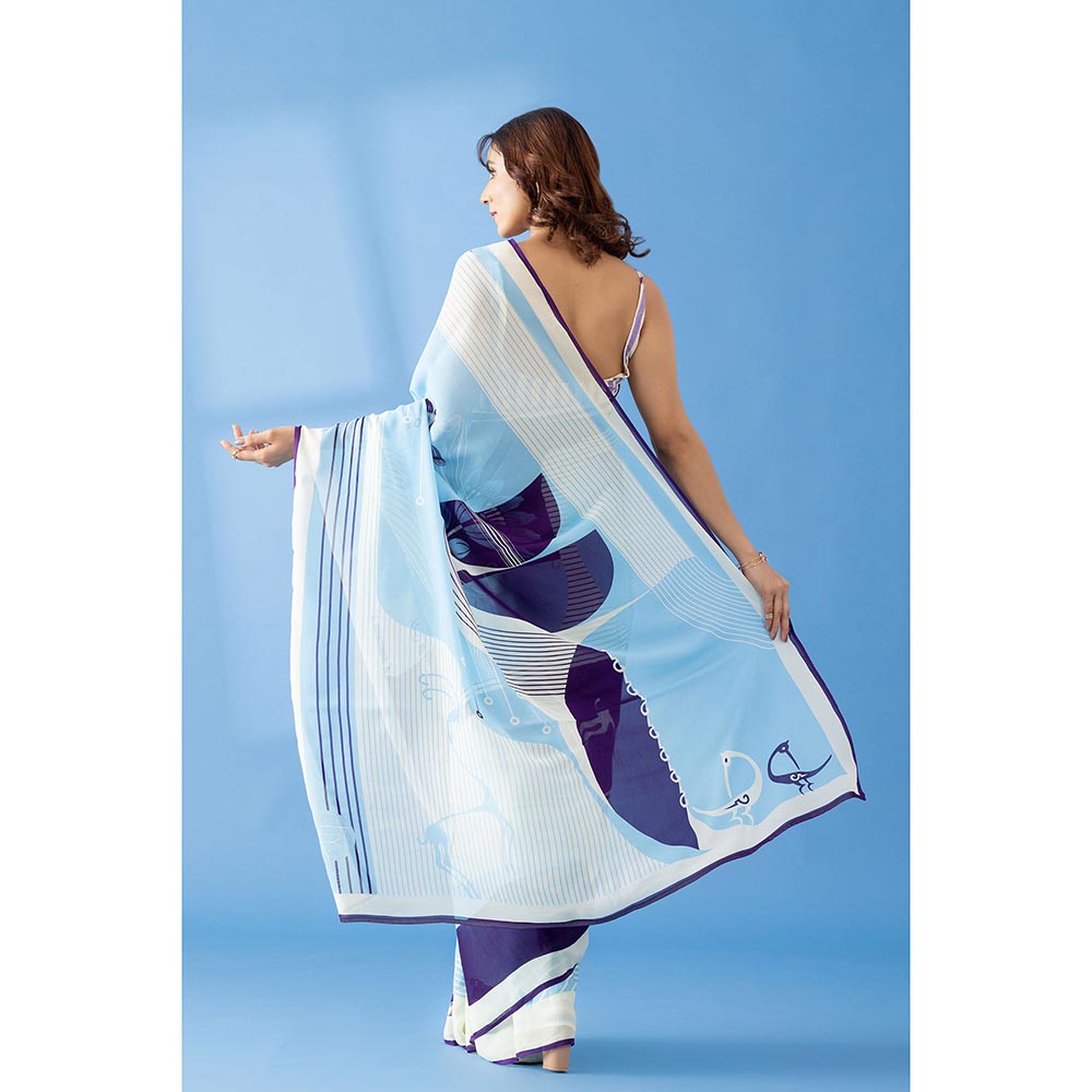 Thee Modern Roots Deep Purple Abstract Printed Georgette Saree with Unstitched Blouse
