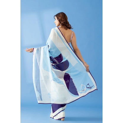 Thee Modern Roots Deep Purple Abstract Printed Georgette Saree with Unstitched Blouse