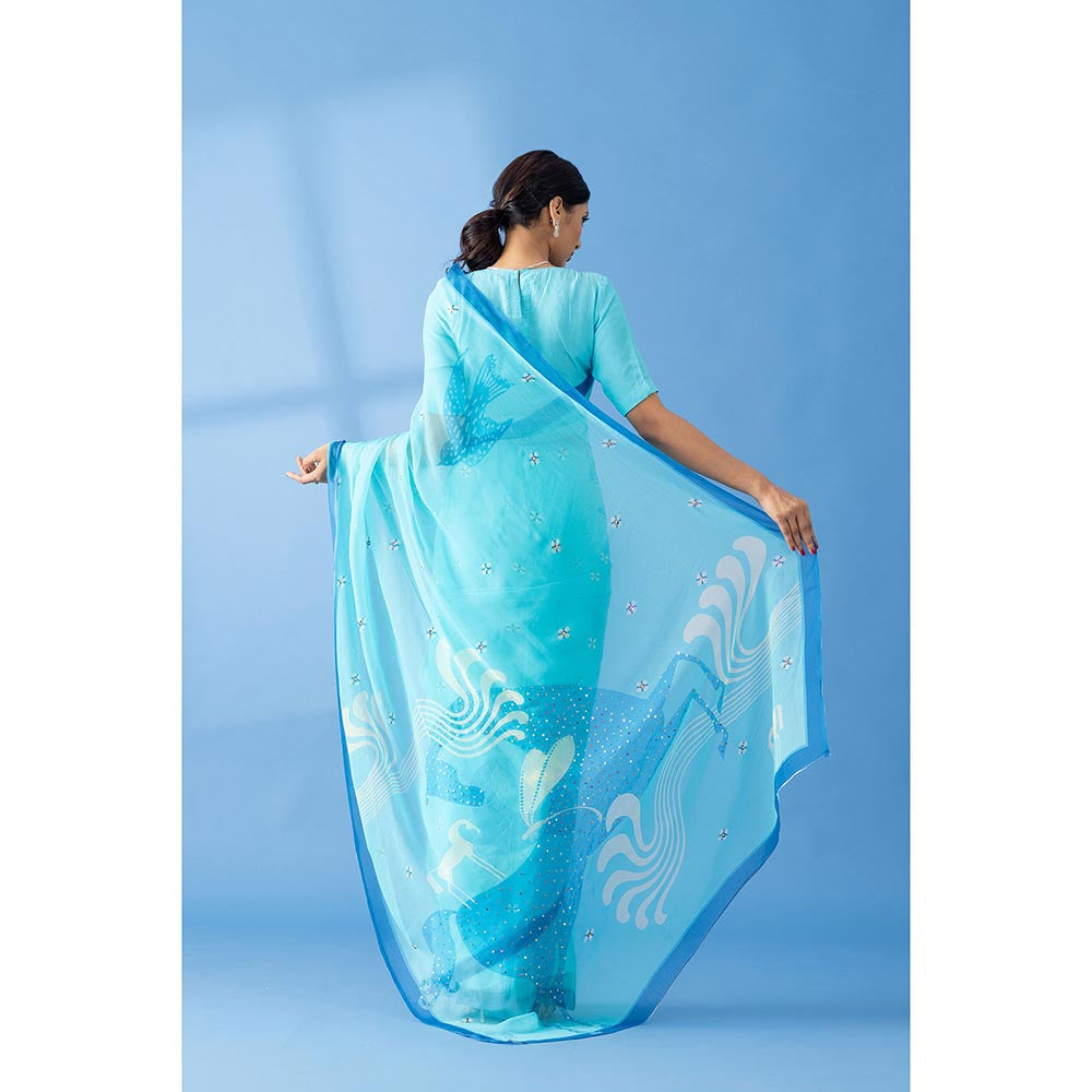 Thee Modern Roots Light Blue Printed and Embellished Chiffon Saree with Unstitched Blouse