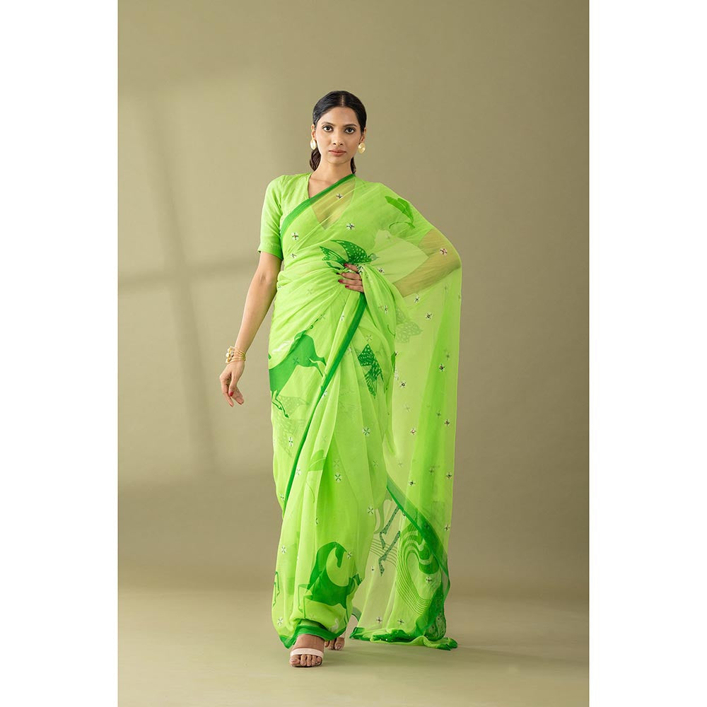 Thee Modern Roots Macha Green Printed and Embellished Chiffon Saree with Unstitched Blouse