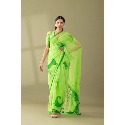 Thee Modern Roots Macha Green Printed and Embellished Chiffon Saree with Unstitched Blouse