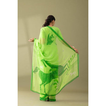 Thee Modern Roots Macha Green Printed and Embellished Chiffon Saree with Unstitched Blouse