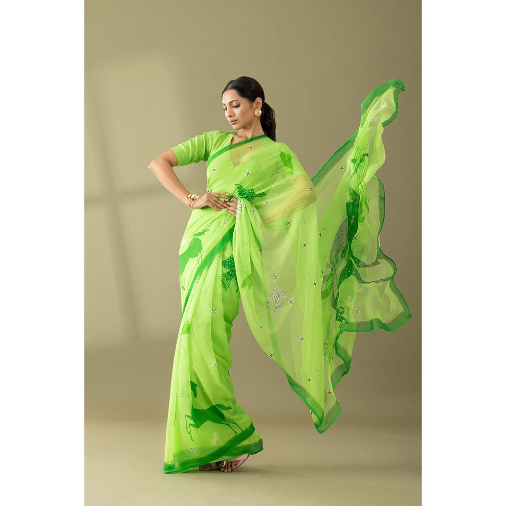 Thee Modern Roots Macha Green Printed and Embellished Chiffon Saree with Unstitched Blouse