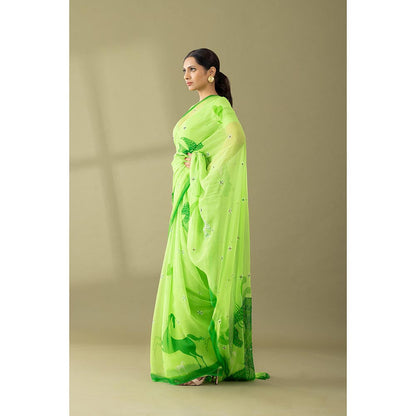 Thee Modern Roots Macha Green Printed and Embellished Chiffon Saree with Unstitched Blouse