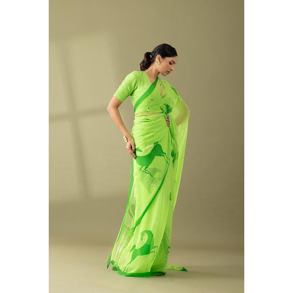 Thee Modern Roots Macha Green Printed and Embellished Chiffon Saree with Unstitched Blouse