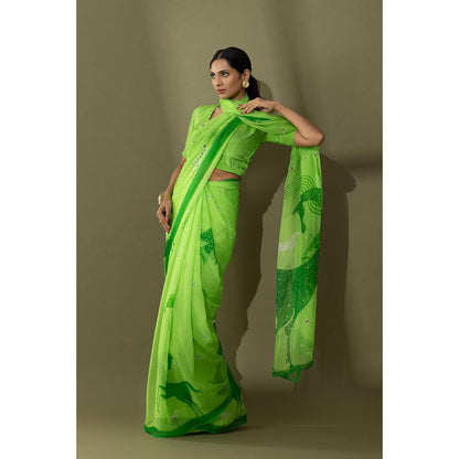 Thee Modern Roots Macha Green Printed and Embellished Chiffon Saree with Unstitched Blouse