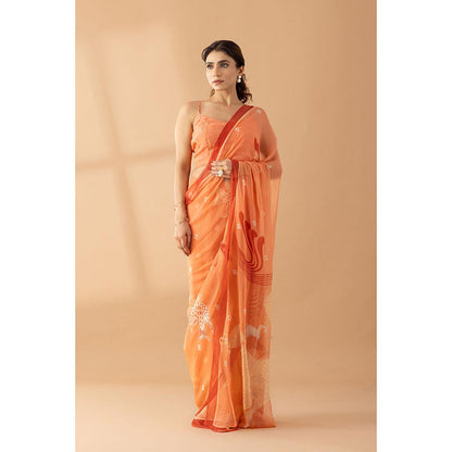 Thee Modern Roots Orange Fuzz Printed and Embellished Chiffon Saree with Unstitched Blouse