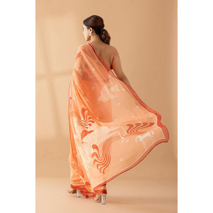 Thee Modern Roots Orange Fuzz Printed and Embellished Chiffon Saree with Unstitched Blouse
