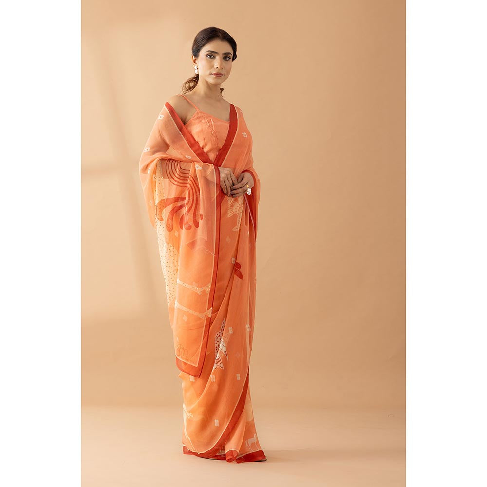 Thee Modern Roots Orange Fuzz Printed and Embellished Chiffon Saree with Unstitched Blouse