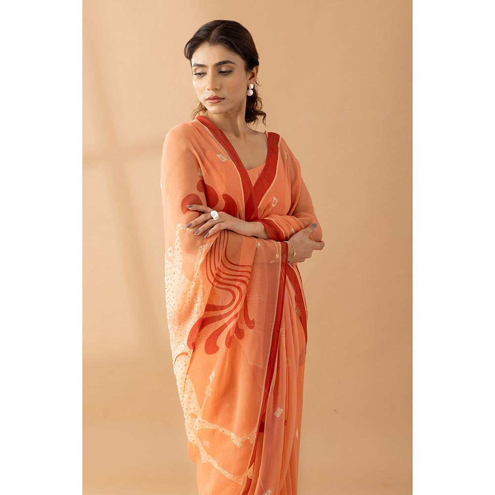 Thee Modern Roots Orange Fuzz Printed and Embellished Chiffon Saree with Unstitched Blouse