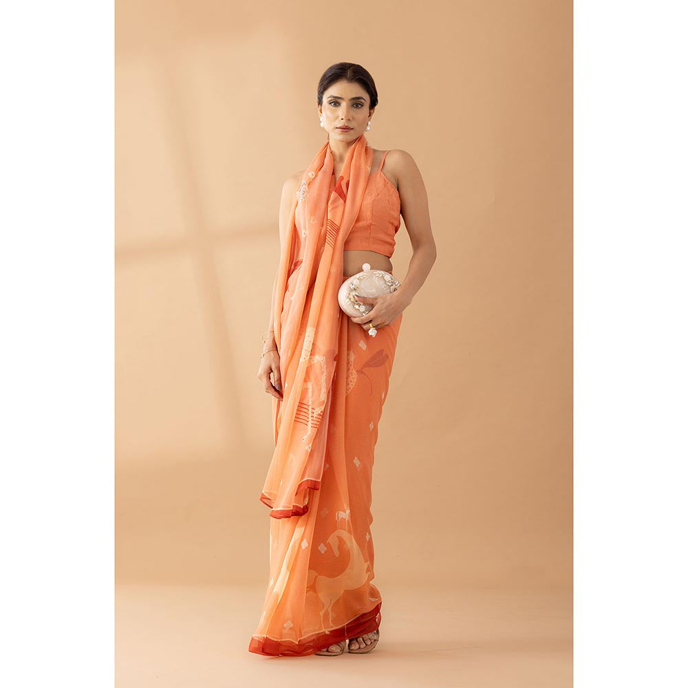 Thee Modern Roots Orange Fuzz Printed and Embellished Chiffon Saree with Unstitched Blouse