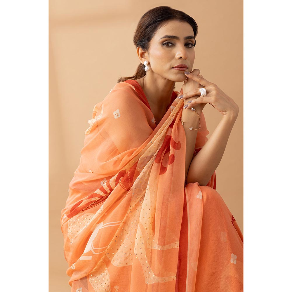 Thee Modern Roots Orange Fuzz Printed and Embellished Chiffon Saree with Unstitched Blouse