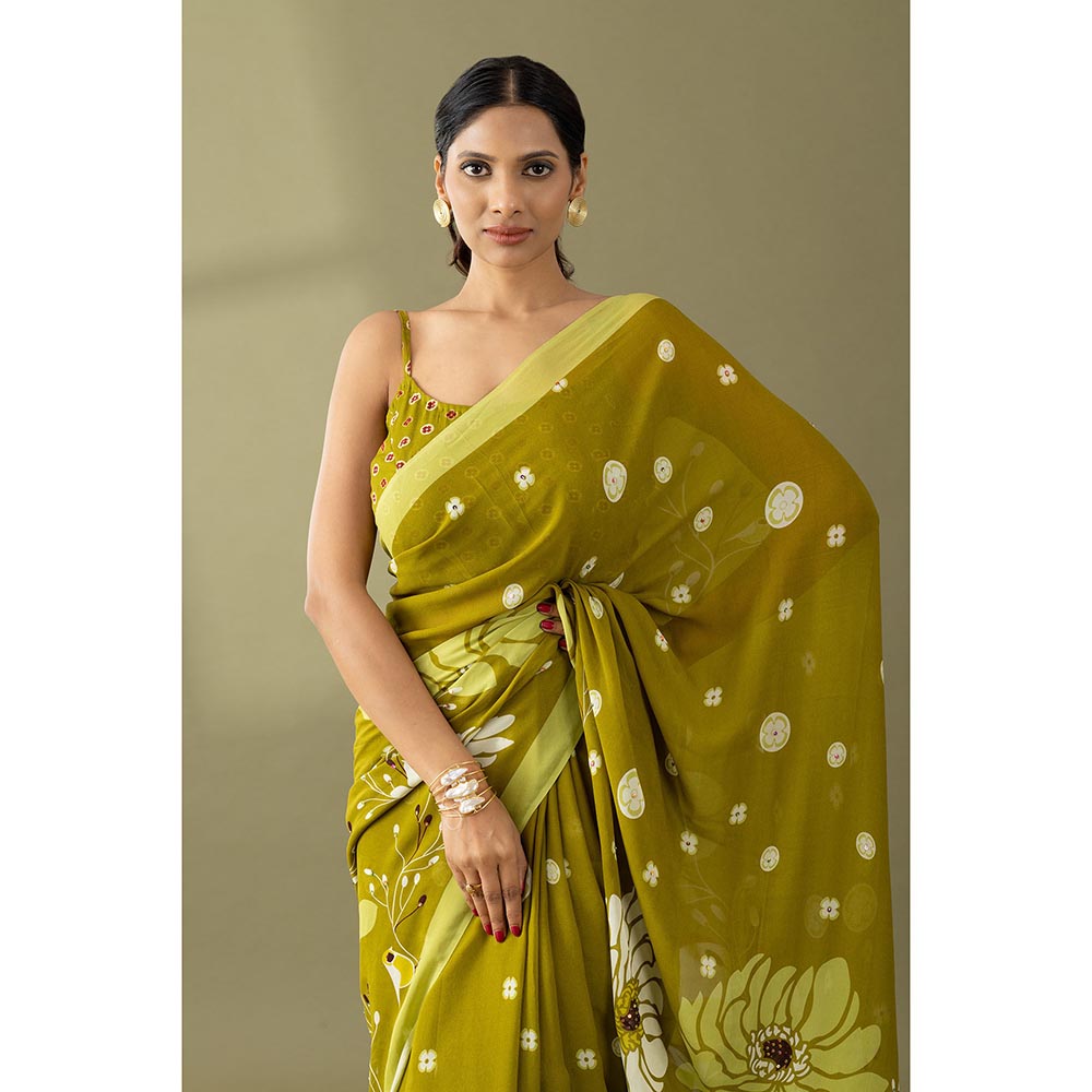 Thee Modern Roots Light Olive Printed and Embellished Georgette Saree with Unstitched Blouse