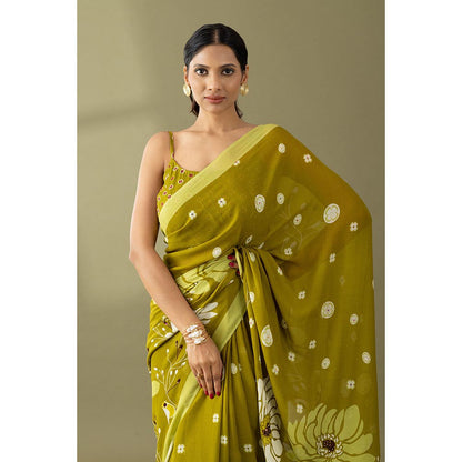 Thee Modern Roots Light Olive Printed and Embellished Georgette Saree with Unstitched Blouse