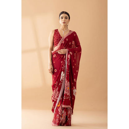 Thee Modern Roots Heavenly Blooms Red Printed and Embellished Georgette Saree with Unstitched Blouse
