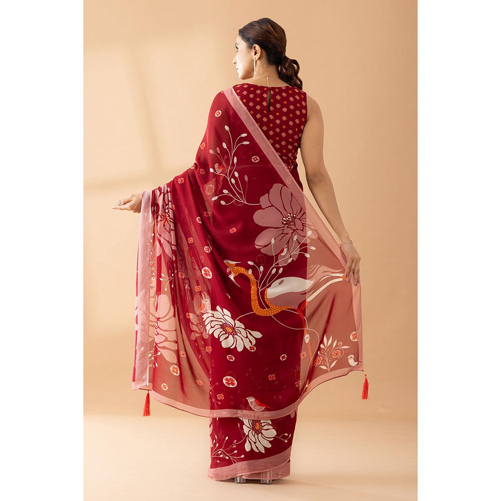 Thee Modern Roots Heavenly Blooms Red Printed and Embellished Georgette Saree with Unstitched Blouse