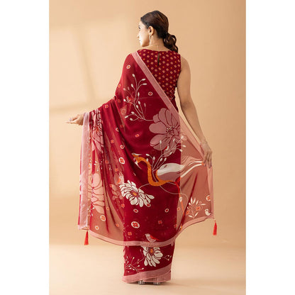 Thee Modern Roots Heavenly Blooms Red Printed and Embellished Georgette Saree with Unstitched Blouse
