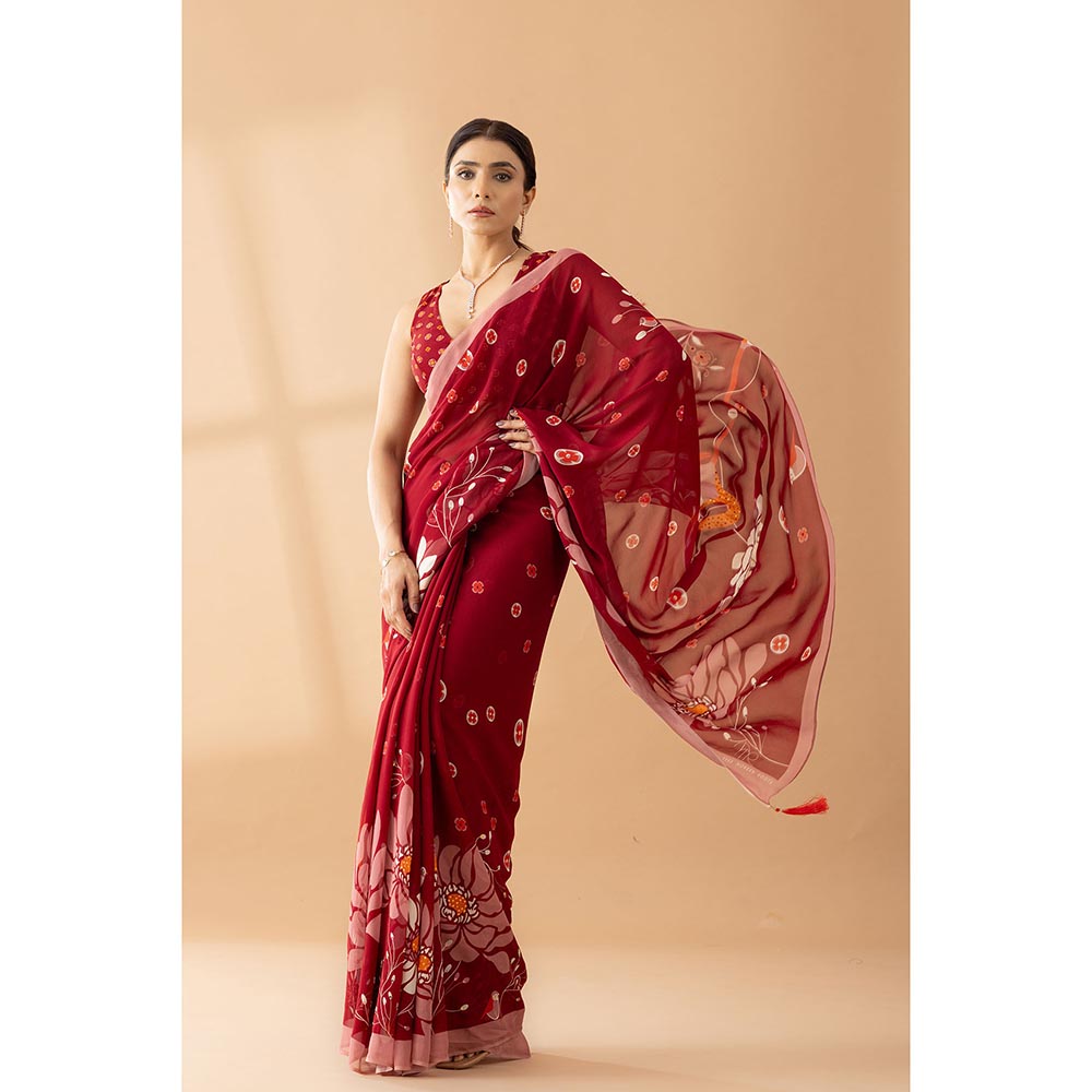 Thee Modern Roots Heavenly Blooms Red Printed and Embellished Georgette Saree with Unstitched Blouse